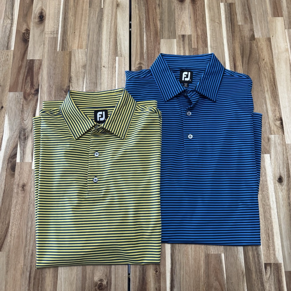 Footjoy Polo Shirt BUNDLE OF 2 Mens XL Blue Yellow Striped Performance Golf